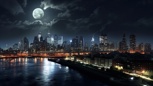 Zdjęcie miasto z pełnią księżyca na niebie