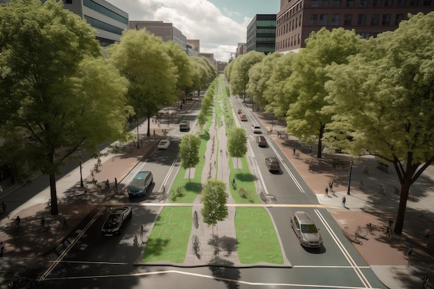 Zdjęcie miasto z połączonymi terenami zielonymi, ścieżkami rowerowymi i ulicami przyjaznymi pieszym