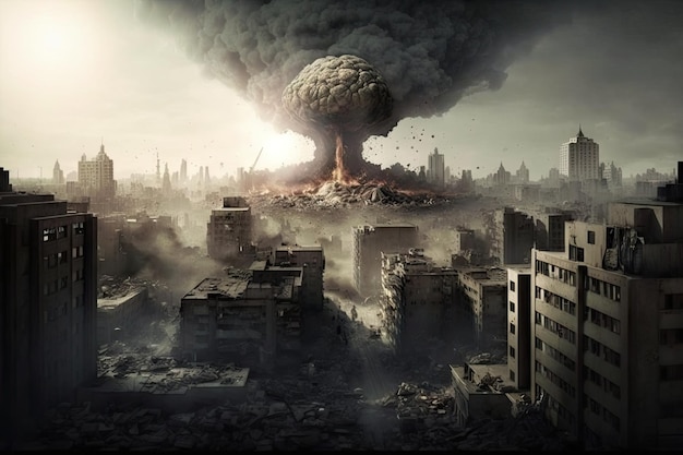 Miasto ze szpitalami i szkołami w bezpośrednim polu widzenia wybuchu bomby stworzone za pomocą generativ