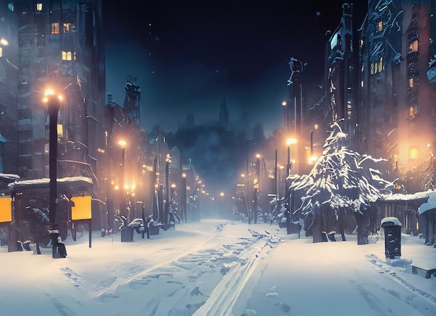 miasto zimowej nocy