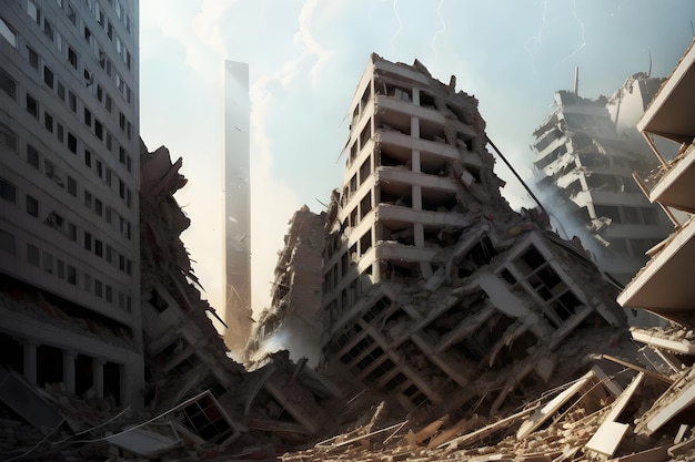 Miasto zostaje zniszczone w mieście z dużym budynkiem w tle.