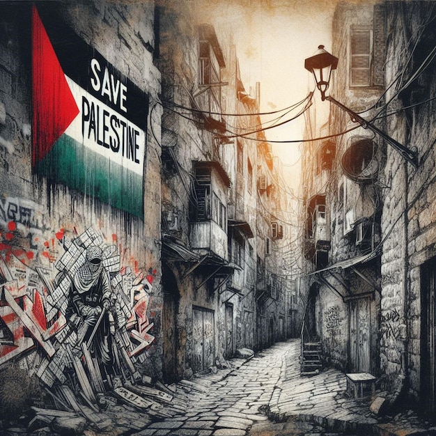 Miastowa determinacja zilustrowana Save Palestine baner wisi na zniszczonym budynku wśród graffiti