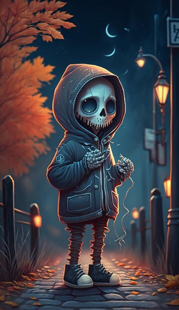 Miastowe stworzenie szkieletowe na ulicy w ciemną noc Halloween