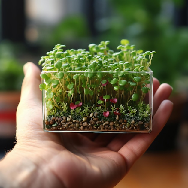 Microgreens Closeup in in Hand Sprouted seeds Organic Superfood Zdrowa i świeża żywność