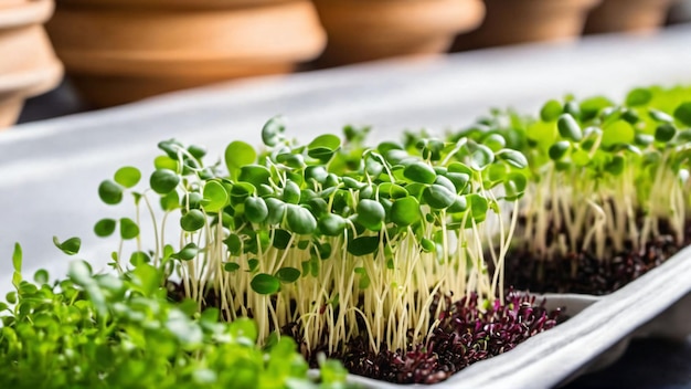 Zdjęcie microgreens kiełkuje zdrową i świeżą żywność wygenerowano za pomocą sztucznej inteligencji