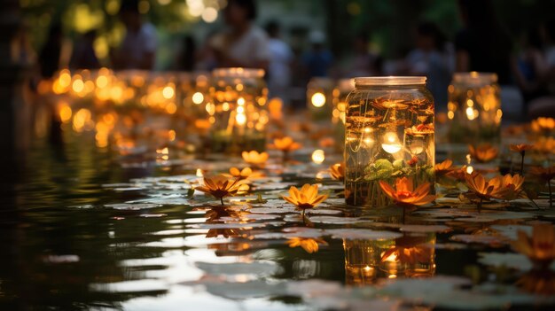 MidAutumn Festival Ceremonia unoszenia się lampionów na spokojnym jeziorze misternie wykonanych lampionów