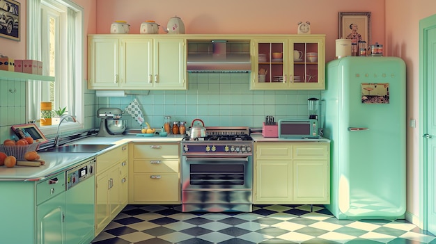 MidCenturyModern_VintageKitchen_RetroAppliances_CheckeredFloor