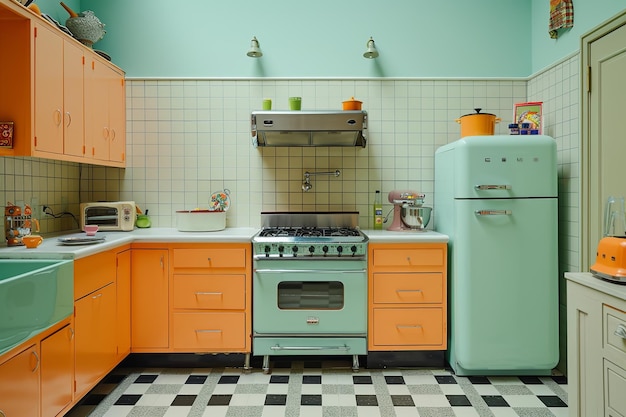 MidCenturyModern_VintageKitchen_RetroAppliances_CheckeredFloor