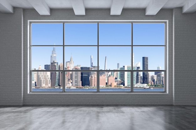 Midtown Nowy Jork Manhattan Skyline Budynki Okna Tło Drogie Nieruchomości Pusty pokój Wnętrze Wieżowce Widok Gród East Side Siedziba ONZ Renderowanie 3d