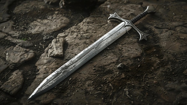 Zdjęcie miecz leżący na brudnej ziemi nadaje się do tematów historycznych lub fantasy