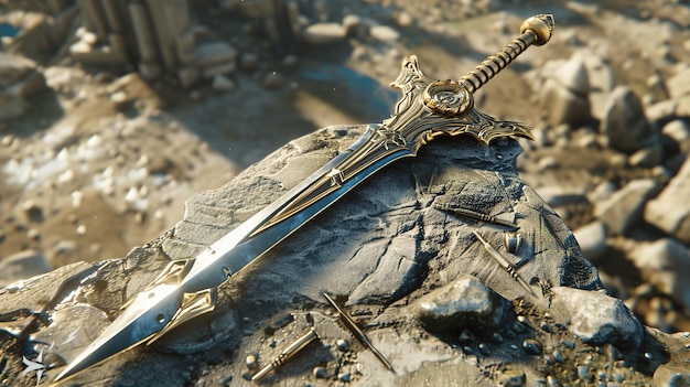 Zdjęcie miecz leżący na ziemi z mieczem na nim