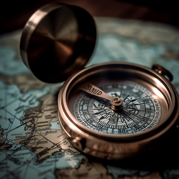 Miedziany kompas na mapie świata