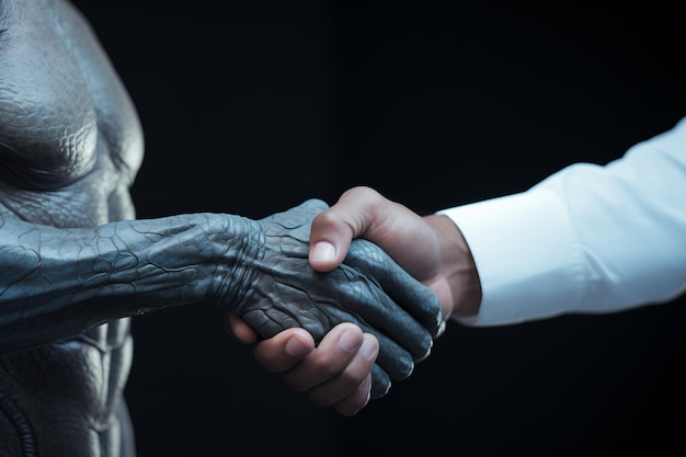 Zdjęcie międzygwiezdne połączenie bliski uścisk ręki między człowiekiem a obcym gościem