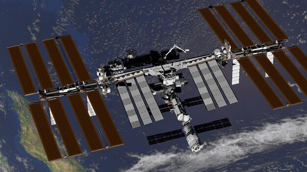 Międzynarodowa Stacja Kosmiczna ISS obracająca się nad ziemską atmosferą Renderowanie 3D