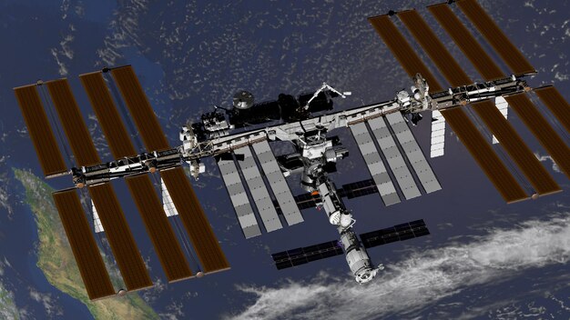 Międzynarodowa Stacja Kosmiczna Iss Obracająca Się Nad Ziemską Atmosferą Renderowanie 3d