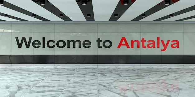 Międzynarodowa strefa przylotów autobusu lotniskowego lub wnętrza dworca kolejowego z Welcome To Antalya Sign Rendering 3d