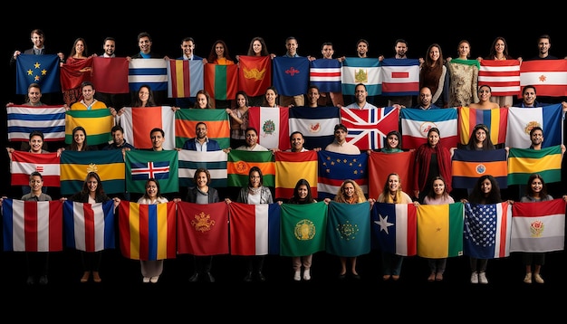 Zdjęcie międzynarodowe flagi imigracji z każdego kraju z imigrantami trzymającymi flagi