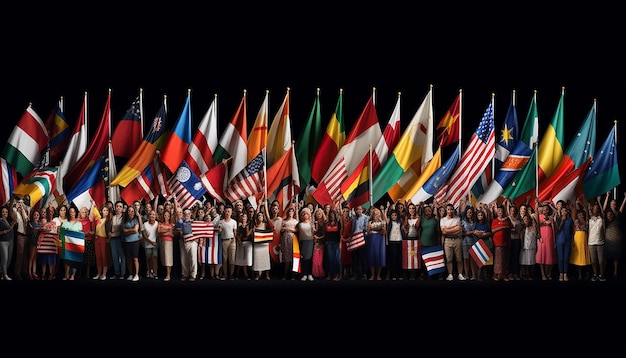 Zdjęcie międzynarodowe flagi imigracji z każdego kraju z imigrantami trzymającymi flagi