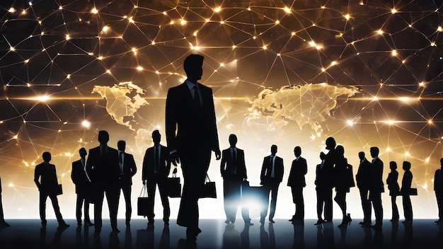 Zdjęcie międzynarodowe partnerstwo biznesowe przedsiębiorcy stojący sylwetka na mapie świata tło globalna koncepcja biznesowa globalna koncept biznesowy generatywny aixa