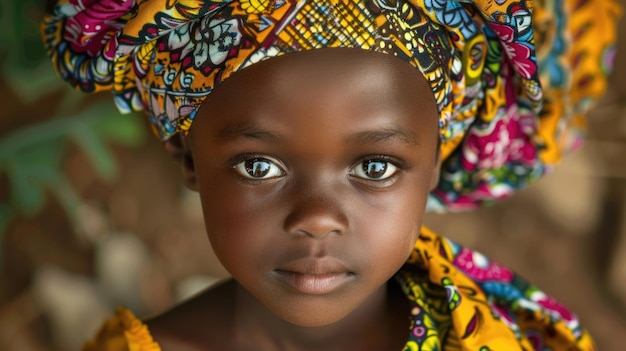 Międzynarodowy Dzień Dziecka Afrykańskiego portret małej afrykańskiej dziewczyny w stroju narodowym jasny etniczny nakrycie głowy i tradycyjny wzór ubrania