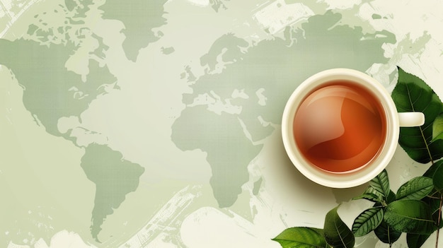 Międzynarodowy Dzień Herbaty Ilustracja mapy świata z filiżanką herbaty