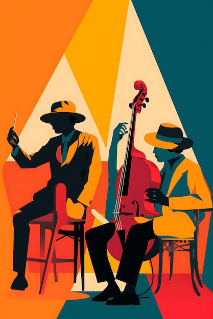 Międzynarodowy Dzień Jazzu z muzykami na scenie Multi Colors kolorowe międzynarodowe plakaty Scena