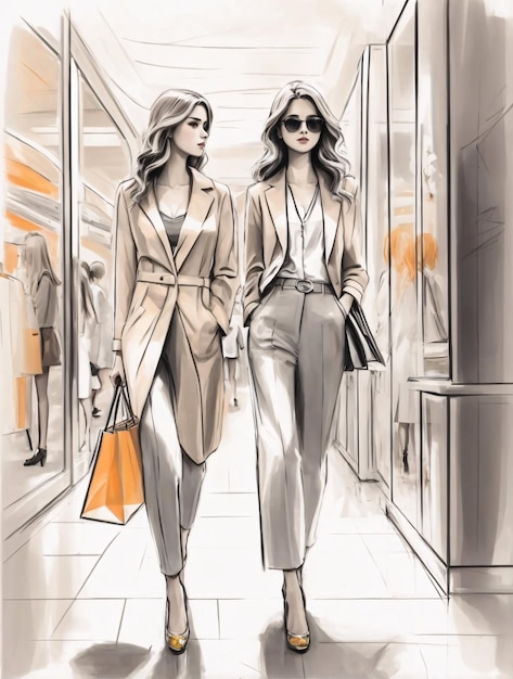 Międzynarodowy dzień kobiet Ilustracja przedstawiająca dziewczyny w modnym stylu spacerujące po sklepach w sklepie z modą