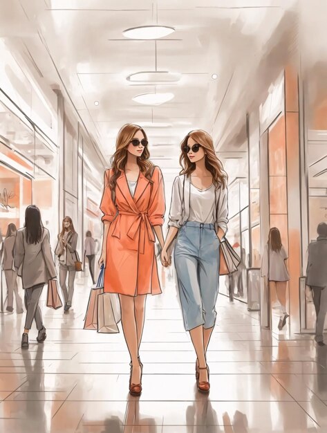 Międzynarodowy dzień kobiet Ilustracja przedstawiająca dziewczyny w modnym stylu spacerujące po sklepach w sklepie z modą