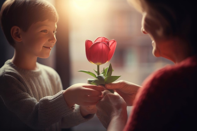 Międzynarodowy Dzień Kobiet Syn dziecka daje matce czerwone kwiaty na wakacjach w domu