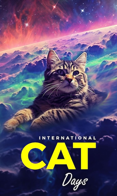 Międzynarodowy Dzień Kotów z Pięknym Kotem na Psychedelicznym Krajobrazie