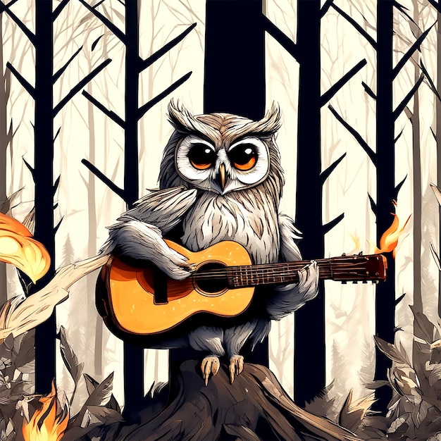 Międzynarodowy Dzień Muzyki sowa gra na gitarze i śpiewa przy ognisku w środku lata