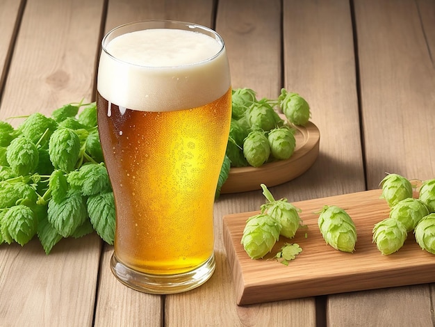 Międzynarodowy Dzień Piwa szklanka lekkiego piwa na drewnianym stole i zielonego chmielu
