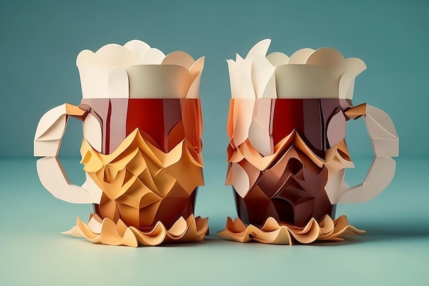 międzynarodowy dzień piwa sztuka papierowa dwa kubki piwa w stylu sztuki papierowej wygenerowane ai