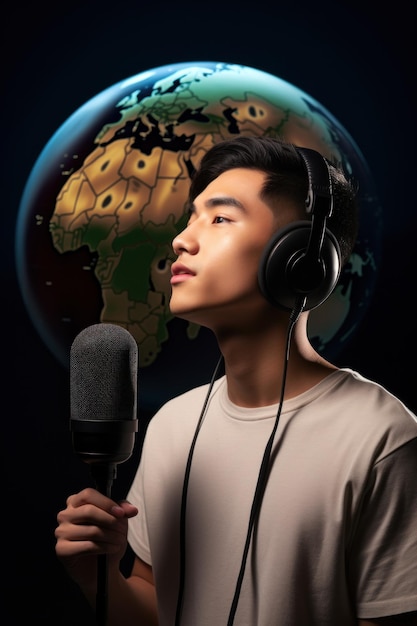 Międzynarodowy Dzień Podcastu Młody azjatycki podcaster nagrywa podcast na tle