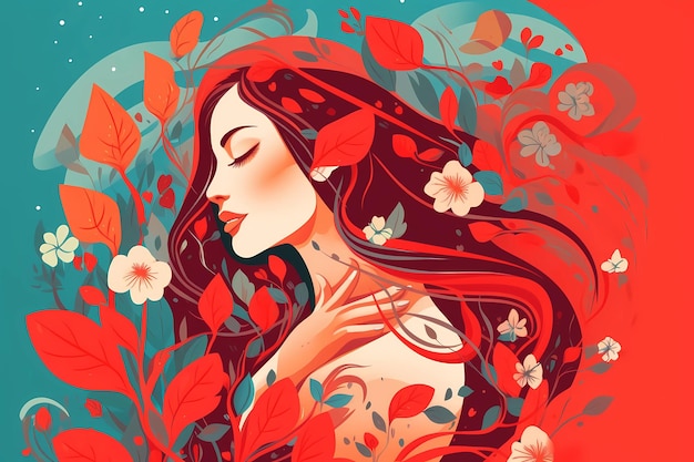 Międzynarodowy Dzień Samoopieki Kobieta z długimi włosami i czerwonym kwiatem na głowie