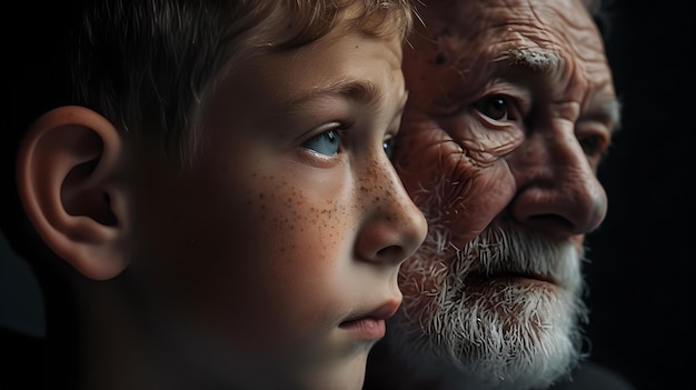 Międzypokoleniowy portret chłopca i starca głęboko w myślach poetycki, sugestywny obraz pokazujący więzi rodzinne i upływ czasu idealny do emocjonalnego opowiadania historii AI