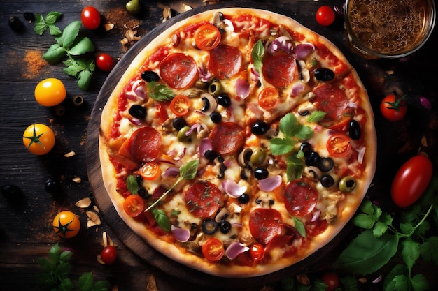 Miejsce posiłku pizza czarna szybka pomidora włoskie kopiowanie jedzenia sera tło Generatywna sztuczna inteligencja