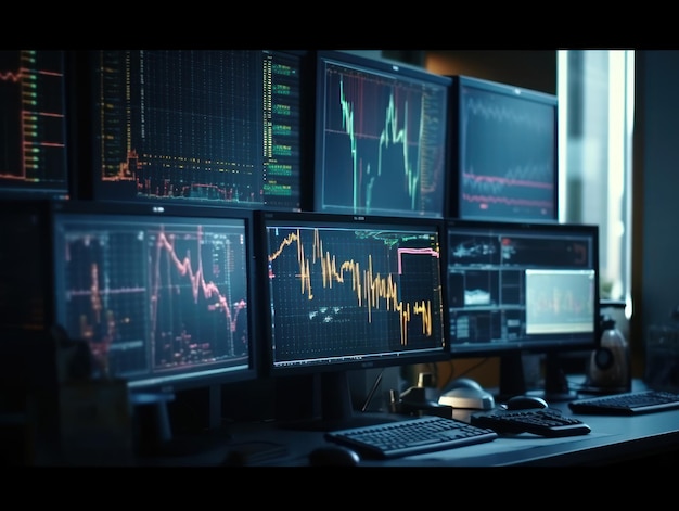 Miejsce pracy traderów Instrumenty finansowe z różnego rodzaju wskaźnikami na ekranach Stworzone przy użyciu technologii generatywnej AI