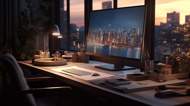 Miejsce pracy z komputerem w biurze w pobliżu dużego okna z krajobrazem miasta z drapaczami chmur nowoczesne