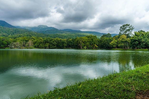 Miejsce publiczne wypoczynek podróż krajobraz jezioro widoki na Ang Kaew Chiang Mai University i Doi Suthep las natura Widoki górskie wiosna zachmurzone niebo tło z białą chmurą