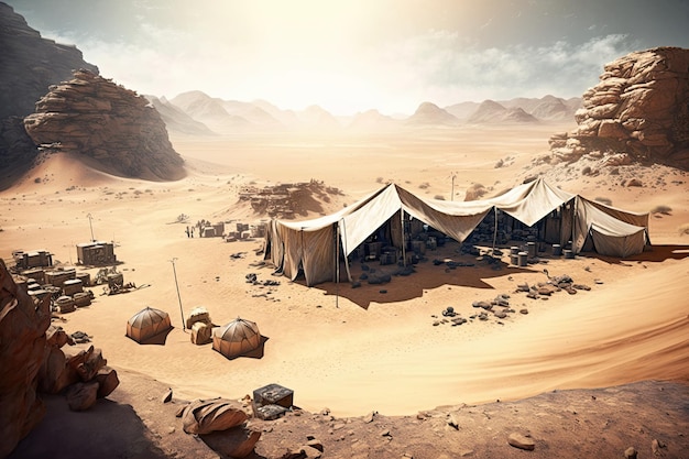 Miejsce wykopalisk z namiotami i sprzętem otoczone pustynnym krajobrazem