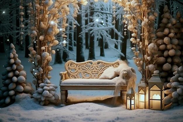 Miejsce z ławką w śnieżnym lesie ozdobione świątecznymi światłami
