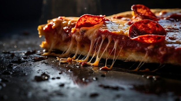 Miejscowa rozkosz żywa zbliżenie błyszczącego kawałka pizzy Pepperoni