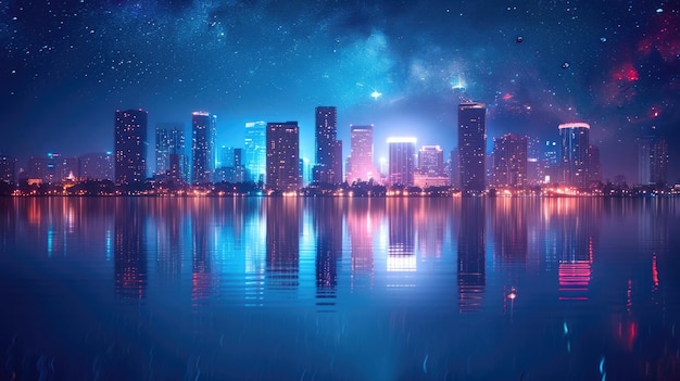 Miejscowy krajobraz w nocy z drapaczami chmur i światłami miasta odbijającymi się w jeziorze