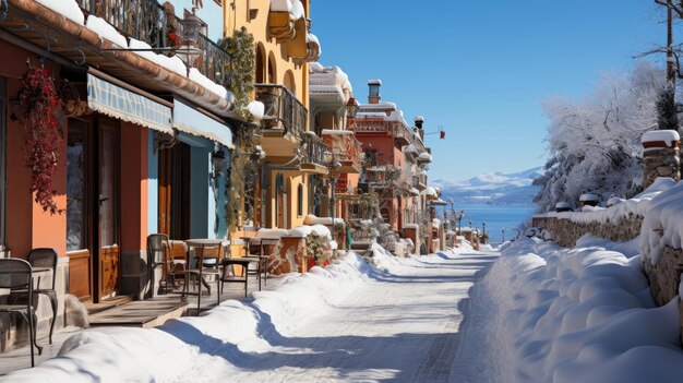 Miejscowy zimowy krajobraz miejski kolorowe domy pokryte śniegiem miasto i widok na morze w oddali