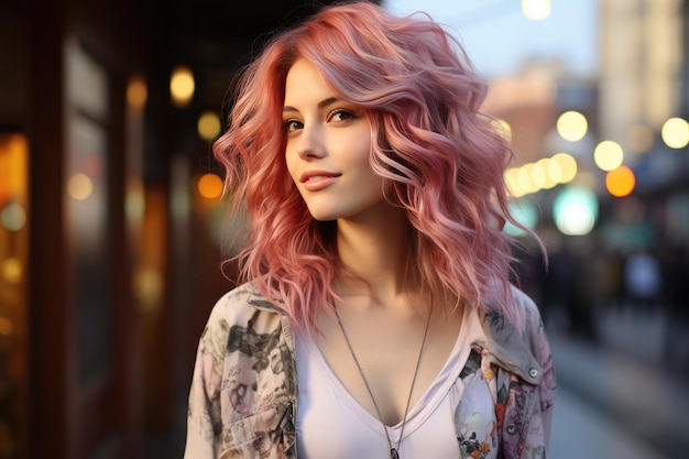 Miejska kobieta z żywymi różowymi włosami, generatywną IA