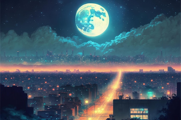 Miejska panorama oświetlona kolorowymi światłami podczas nocnej sceny pełni księżyca Koncepcja fantasy Malowanie ilustracji Generatywna sztuczna inteligencja