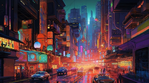 Miejska ulica z neonem z napisem cyberpunk.