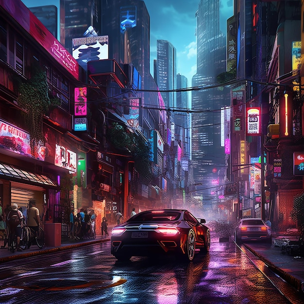 Miejska ulica z neonem z napisem „cyberpunk”.