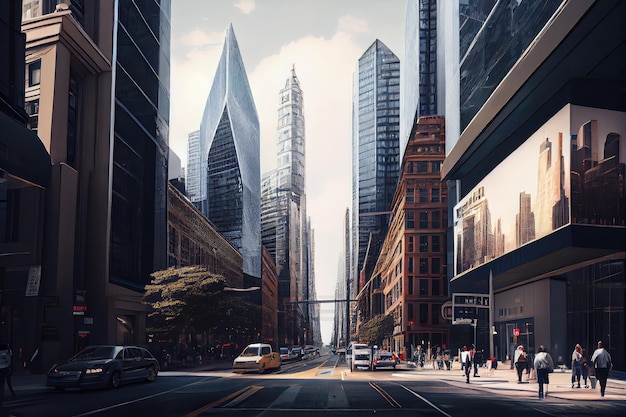 Miejska ulica z widokiem na tętniącą życiem dzielnicę biznesową z nowoczesną architekturą i wieżowcami